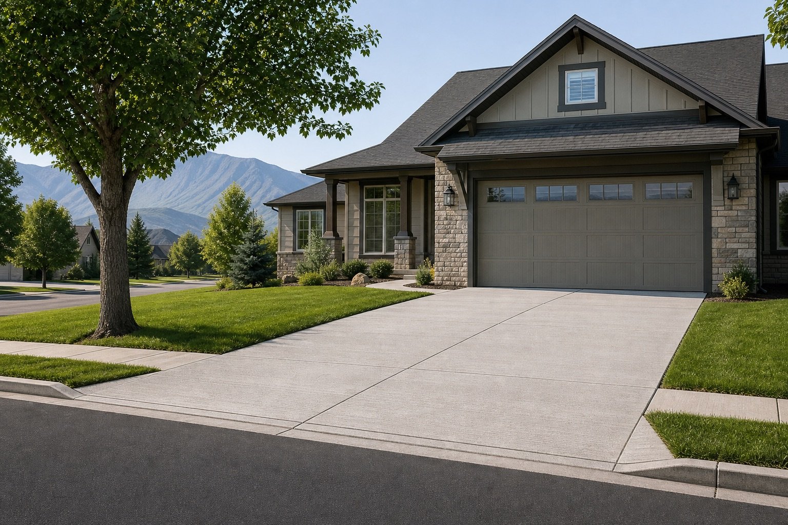 Freshly finished broom-textured concrete driveway at a home in Logan, Utah