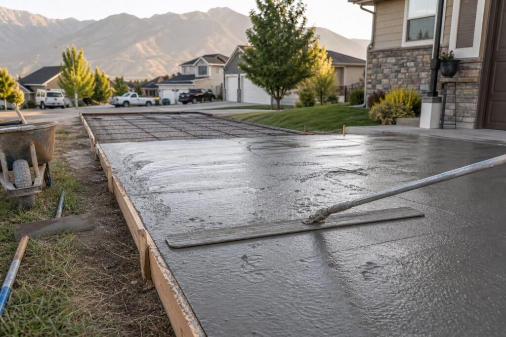 Concrete driveway slab being screeded and floated during a pour in Logan, Utah