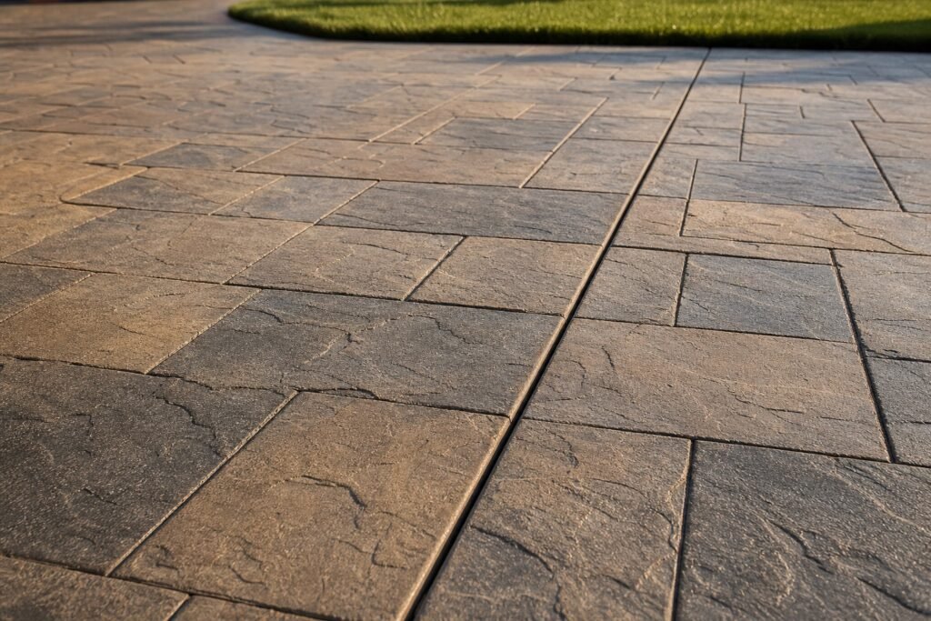 Stamped and colored concrete driveway with an ashlar slate pattern in Cache Valley