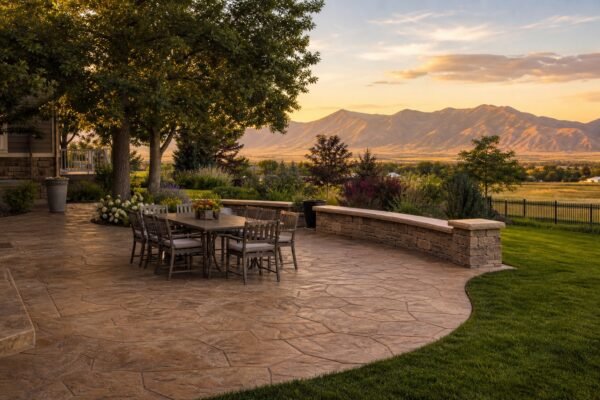 Stamped concrete patio with outdoor furniture at a Cache Valley home near Logan, Utah