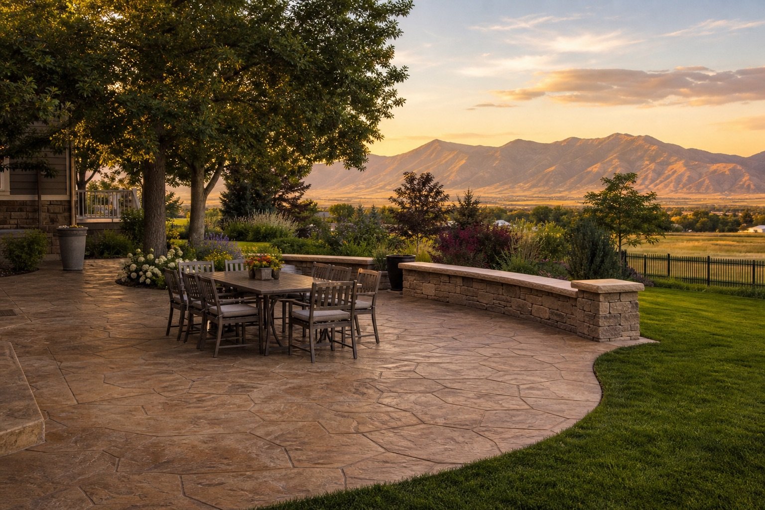 Stamped concrete patio with outdoor furniture at a Cache Valley home near Logan, Utah