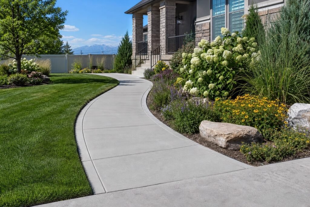 Curved broom-finished concrete walkway through a landscaped northern Utah yard