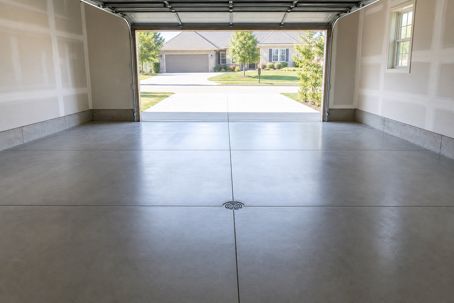 New smooth steel-troweled concrete garage floor in a Cache Valley home