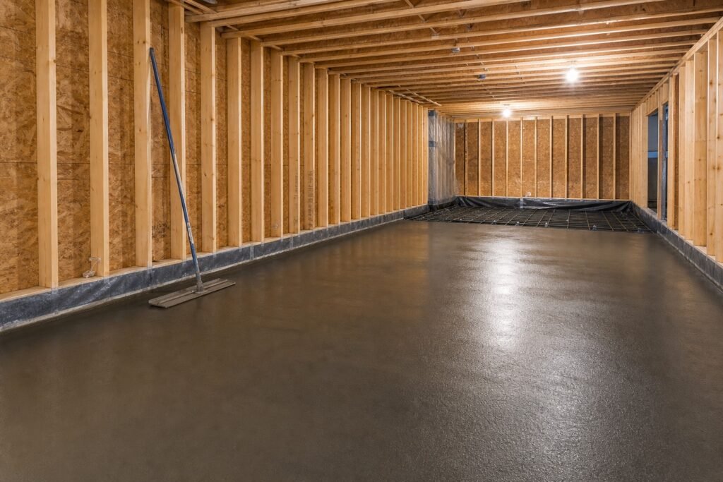 Freshly poured basement concrete floor slab in a home under construction in Logan, Utah