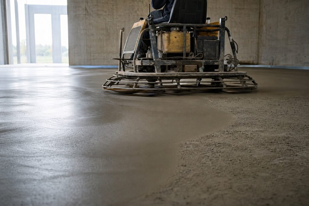 Ride-on power trowel burnishing an interior concrete floor to a smooth finish