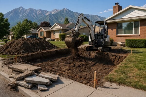 Mini excavator removing an old driveway during site preparation in Logan, Utah