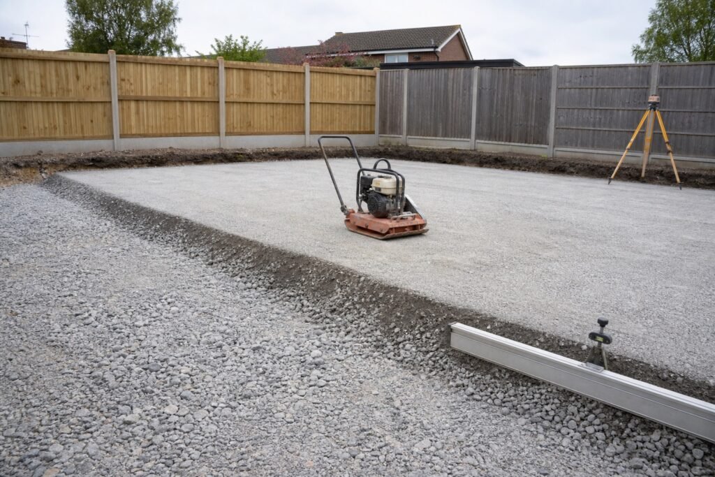 Compacted road base gravel and plate compactor on a prepared concrete pad