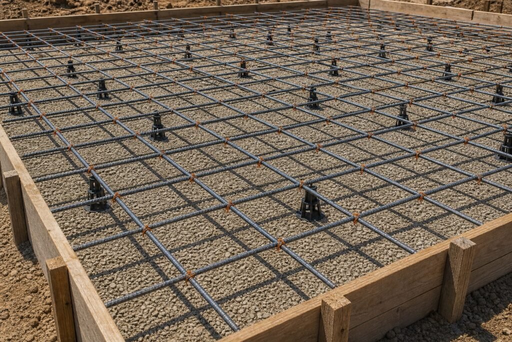 Steel rebar grid tied on chairs over compacted base ready for a concrete pour