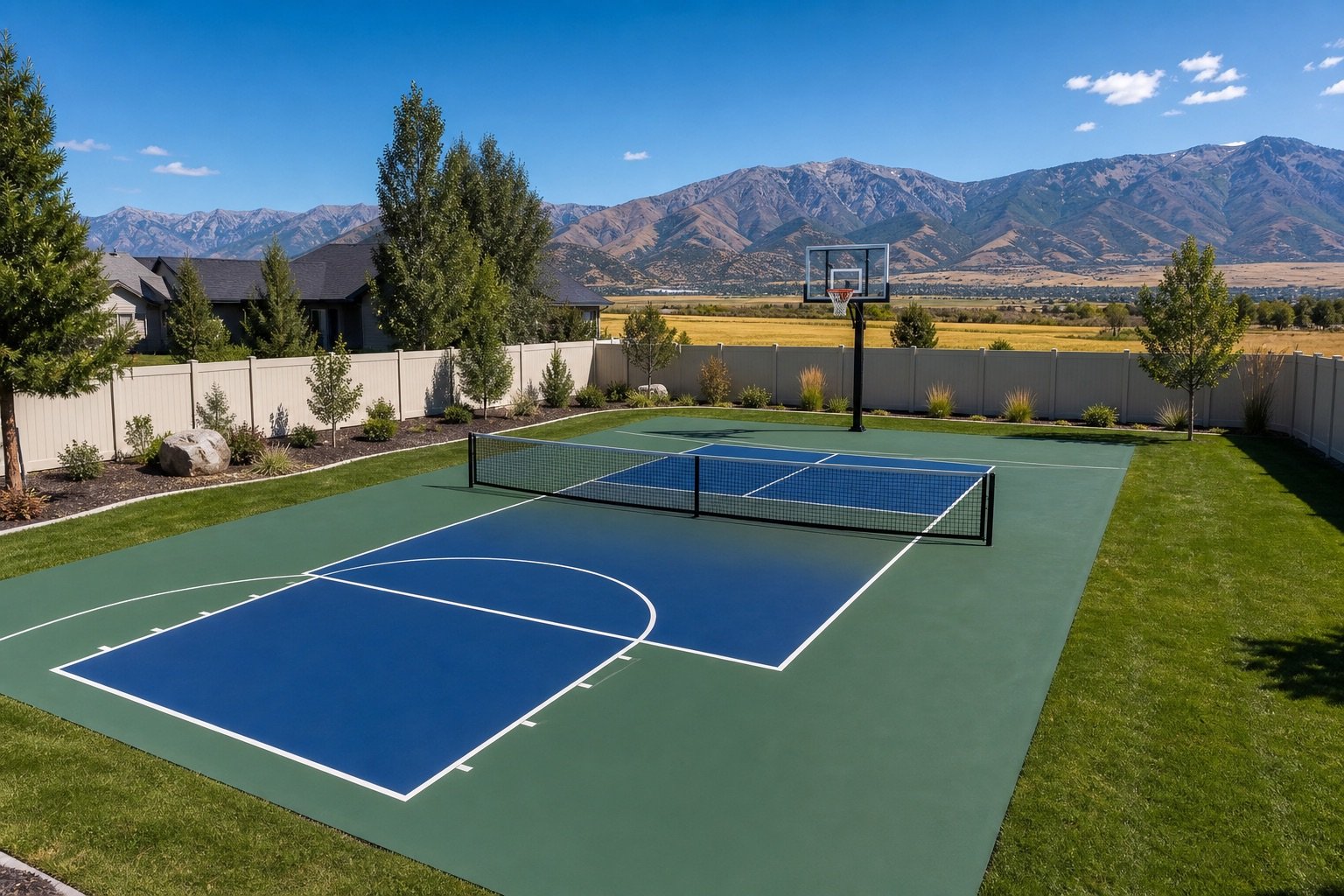 Backyard combination basketball and pickleball concrete sport court in Cache Valley
