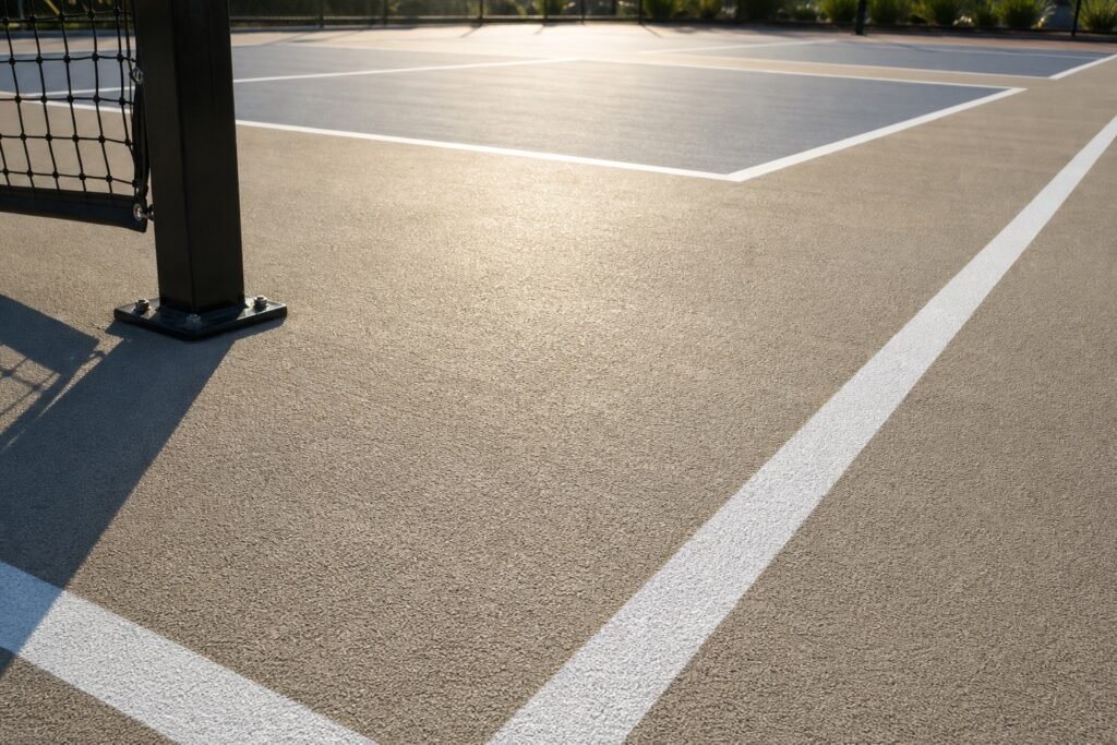 Crisp white pickleball court lines painted on a concrete sport court surface