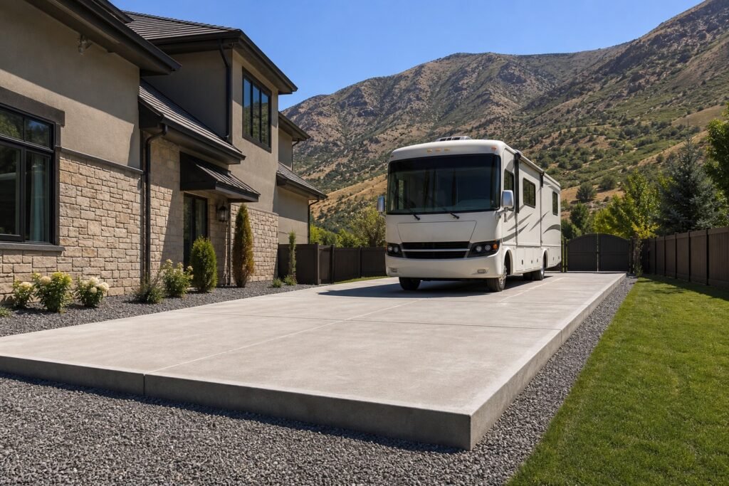 Reinforced concrete RV pad alongside a home in northern Utah