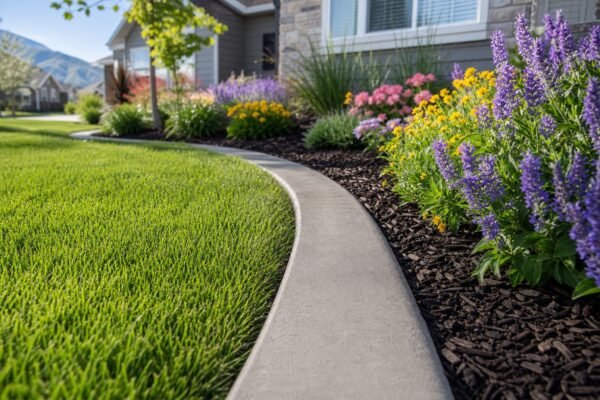 Concrete mow strip separating lawn from a mulched flower bed at a Logan, Utah home