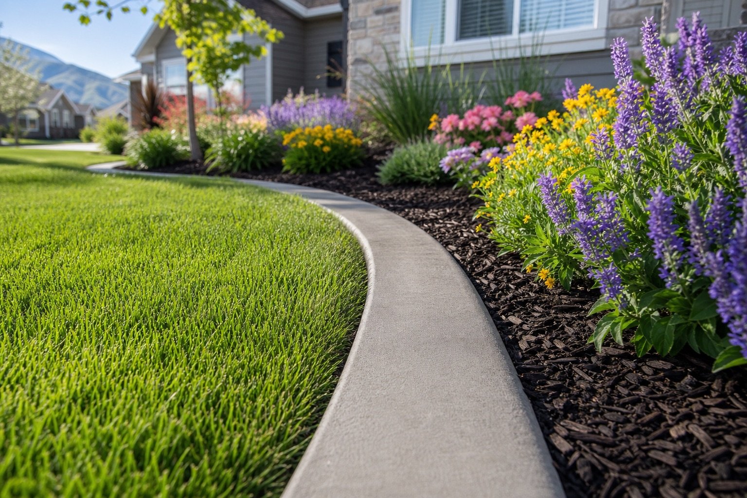 Concrete mow strip separating lawn from a mulched flower bed at a Logan, Utah home