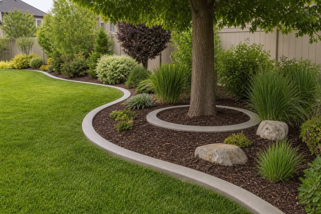 Curved decorative concrete garden border edging a planting bed in Cache Valley