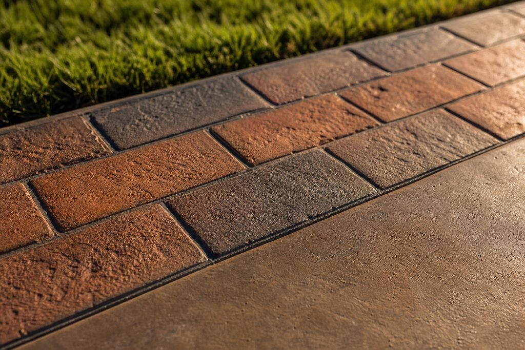 Stamped and colored decorative concrete border in a terracotta brick pattern