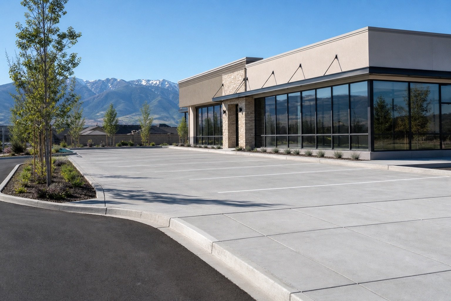 New commercial concrete parking area and sidewalk at a business in northern Utah