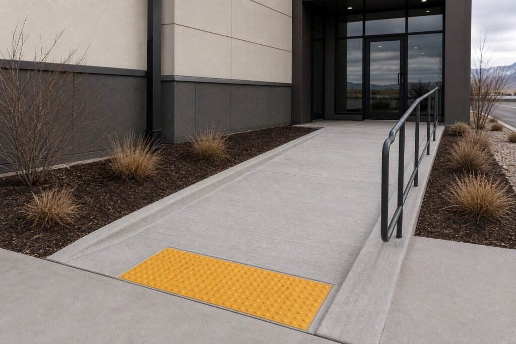 ADA-compliant concrete access ramp with handrail and detectable warning panel