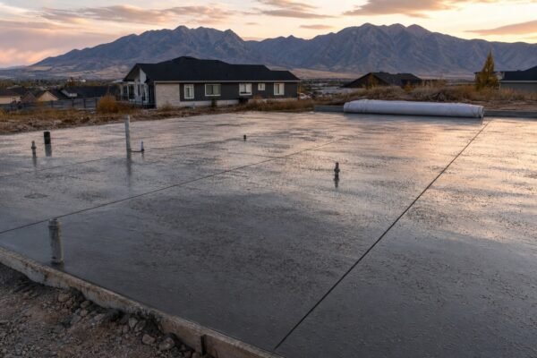 Fresh concrete slab with a damp curing sheen at a Cache Valley home