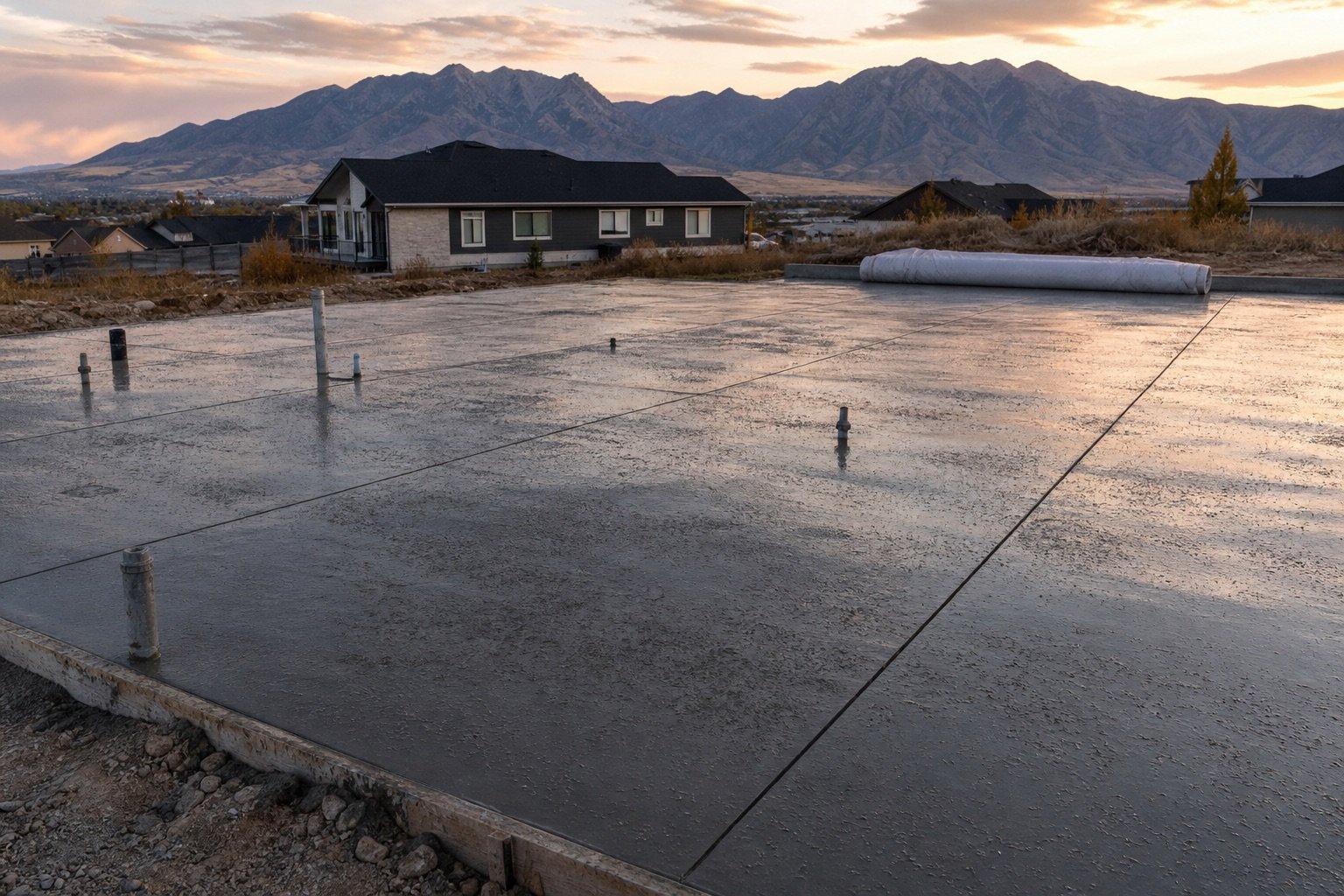 Fresh concrete slab with a damp curing sheen at a Cache Valley home