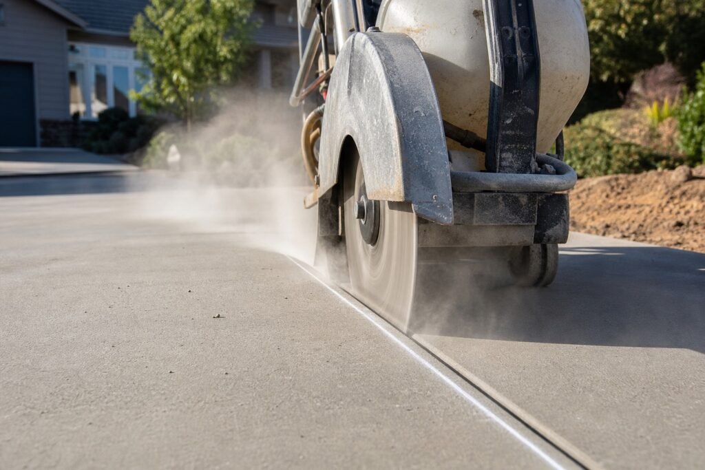 Walk-behind saw cutting a control joint into a new concrete driveway slab