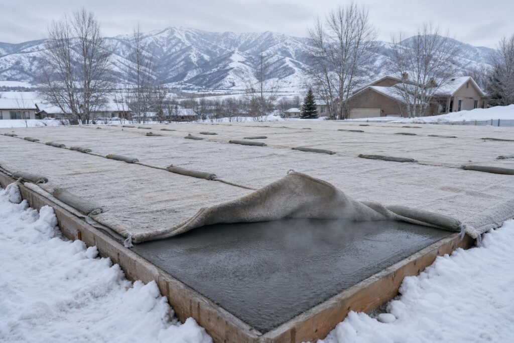 Insulating curing blankets covering a fresh concrete pour during a northern Utah winter
